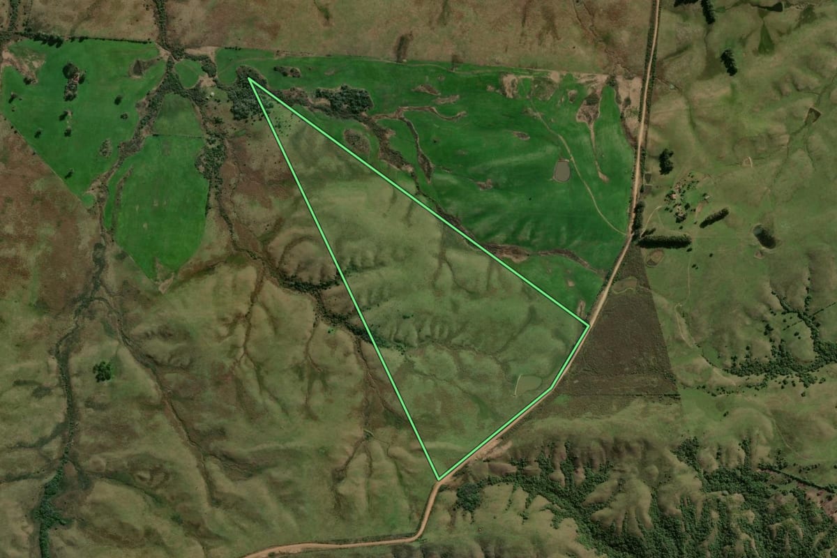 Imagem de satélite do imóvel rural em Bagé (RS), com o contorno declarado no CAR desenhado por cima.