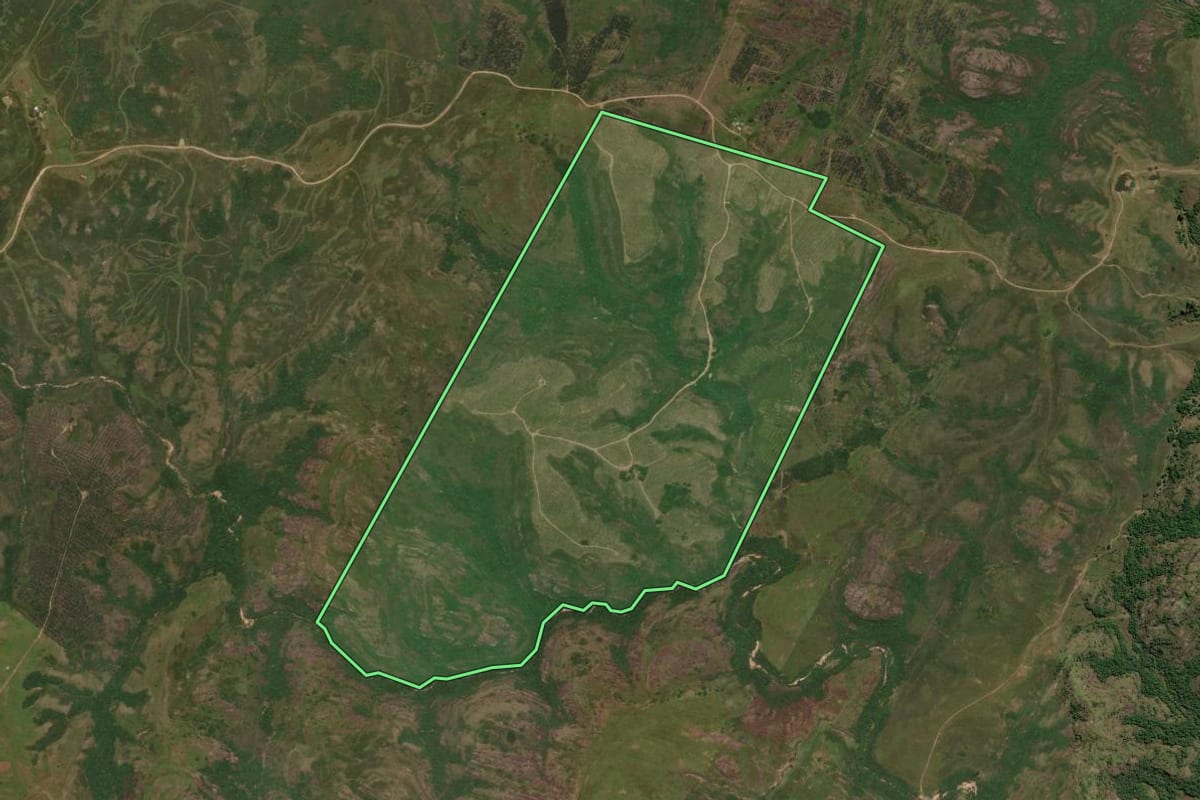 Imagem de satélite do imóvel rural em Bagé (RS), com o contorno declarado no CAR desenhado por cima.