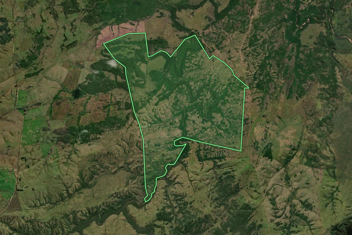 Imagem de satélite do imóvel rural em Bagé (RS), com o contorno declarado no CAR desenhado por cima.