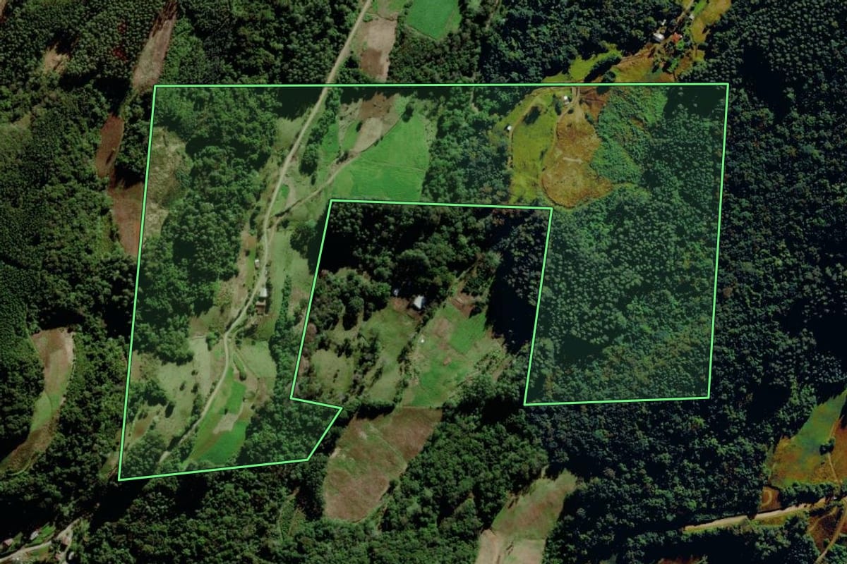 Imagem de satélite do imóvel rural em Barão (RS), com o contorno declarado no CAR desenhado por cima.