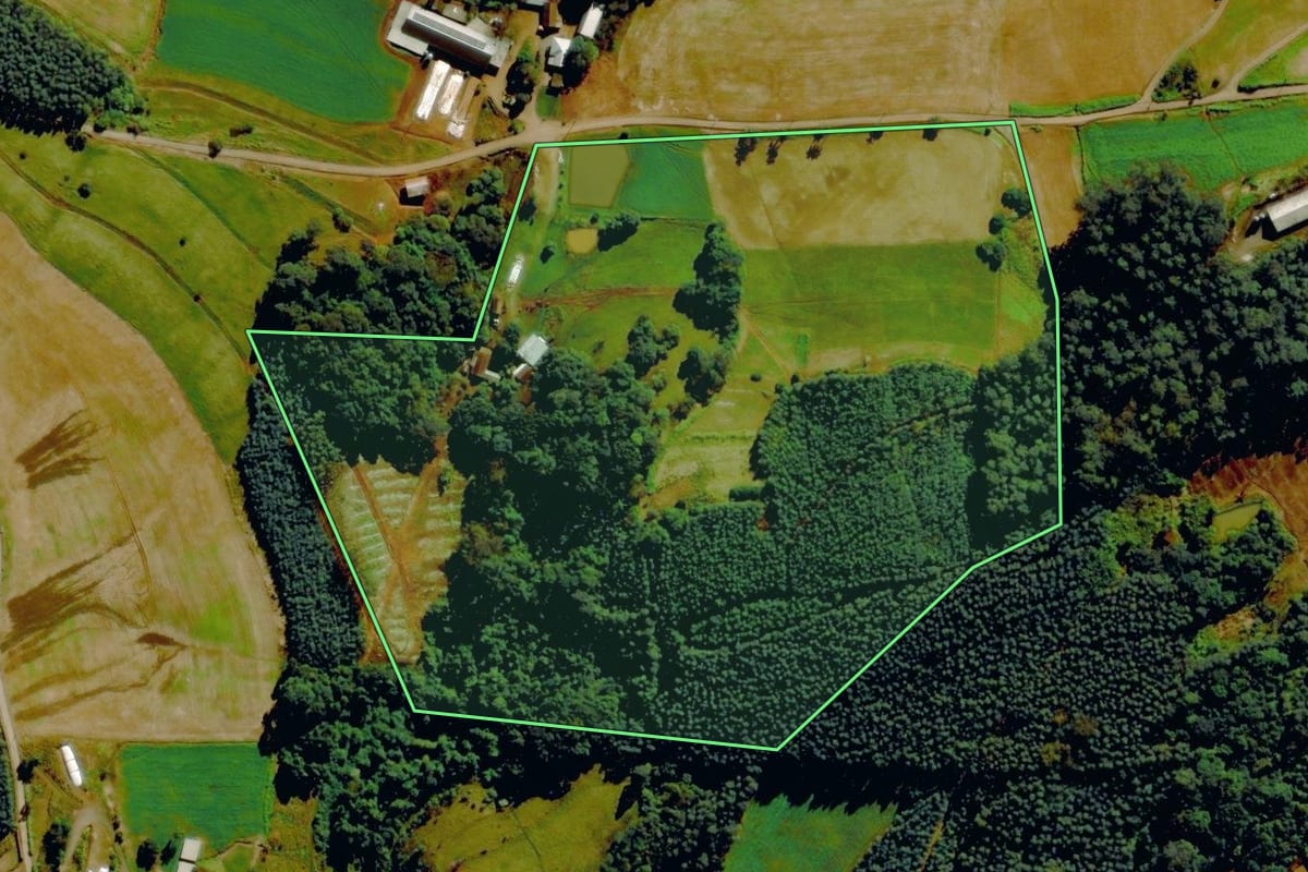 Imagem de satélite do imóvel rural em Barão (RS), com o contorno declarado no CAR desenhado por cima.