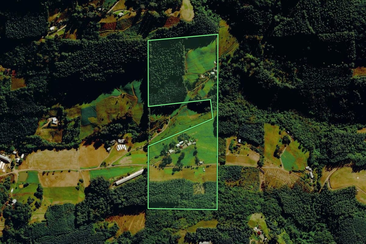 Imagem de satélite do imóvel rural em Barão (RS), com o contorno declarado no CAR desenhado por cima.