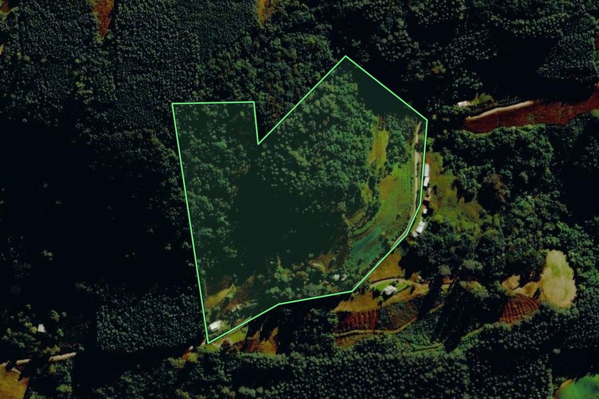 Imagem de satélite do imóvel rural em Barão (RS), com o contorno declarado no CAR desenhado por cima.