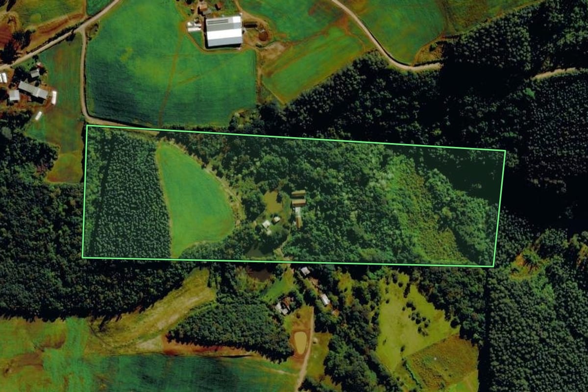 Imagem de satélite do imóvel rural em Barão (RS), com o contorno declarado no CAR desenhado por cima.