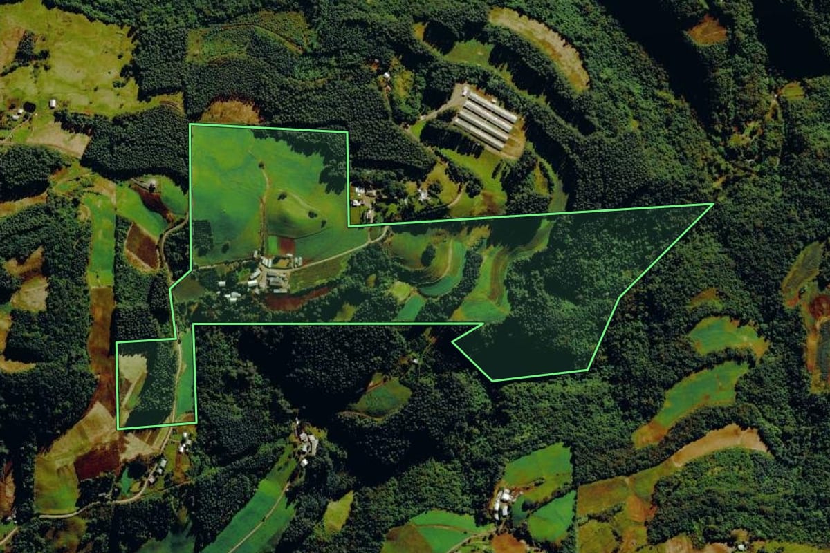 Imagem de satélite do imóvel rural em Barão (RS), com o contorno declarado no CAR desenhado por cima.
