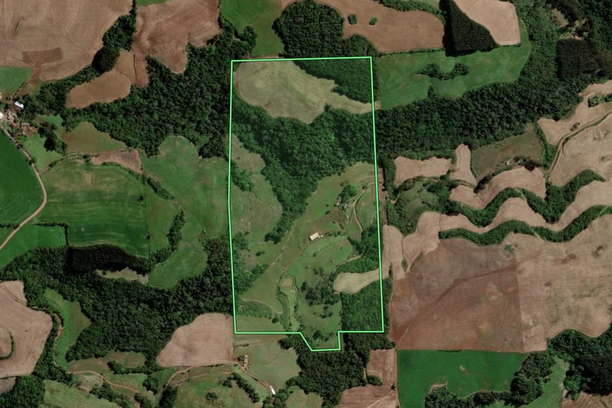 Imagem de satélite do imóvel rural em Barão de Cotegipe (RS), com o contorno declarado no CAR desenhado por cima.