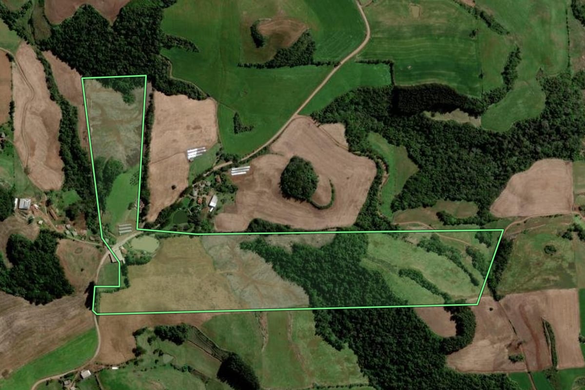 Imagem de satélite do imóvel rural em Barão de Cotegipe (RS), com o contorno declarado no CAR desenhado por cima.