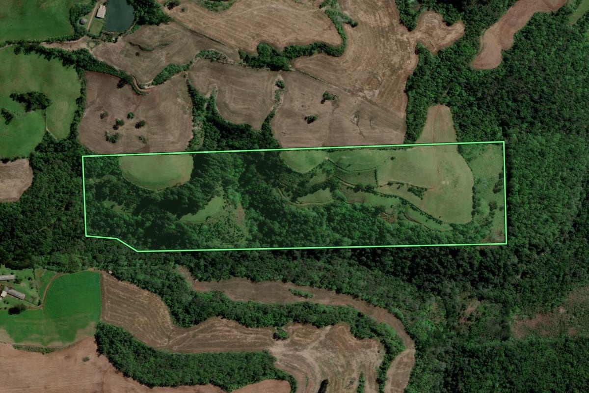 Imagem de satélite do imóvel rural em Barão de Cotegipe (RS), com o contorno declarado no CAR desenhado por cima.