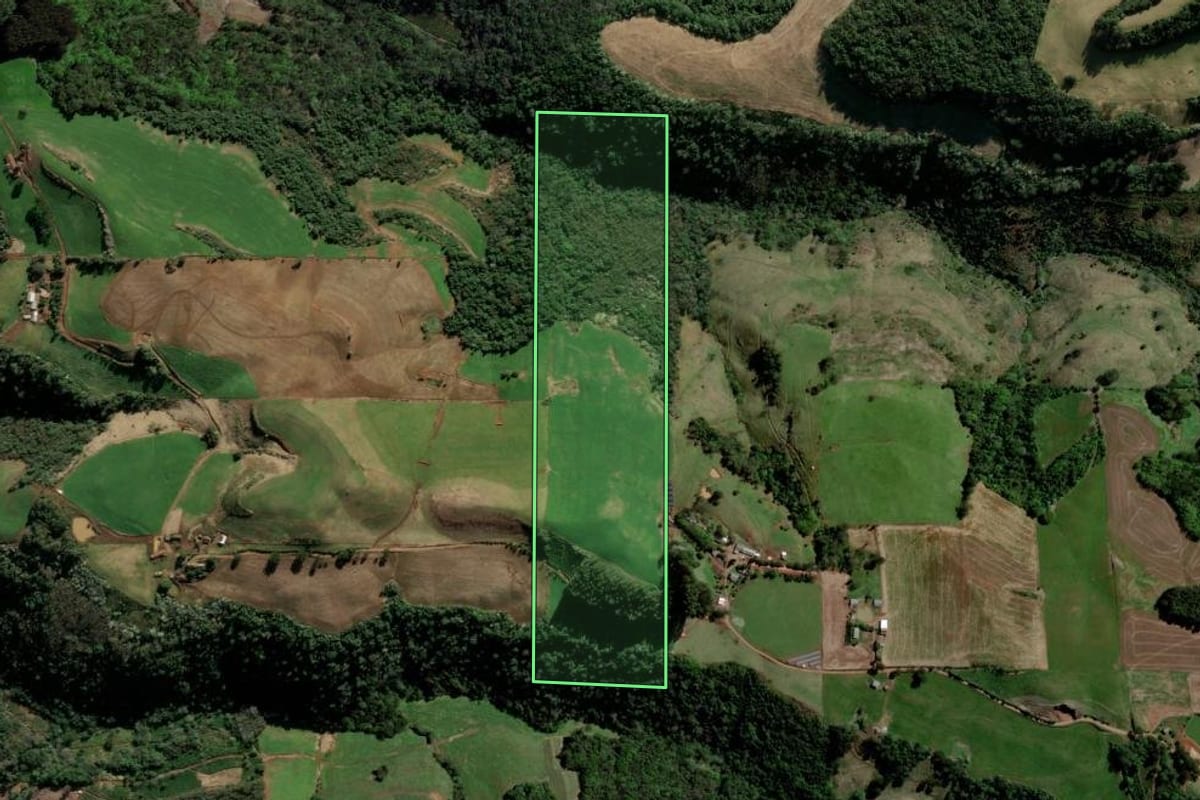 Imagem de satélite do imóvel rural em Barão de Cotegipe (RS), com o contorno declarado no CAR desenhado por cima.