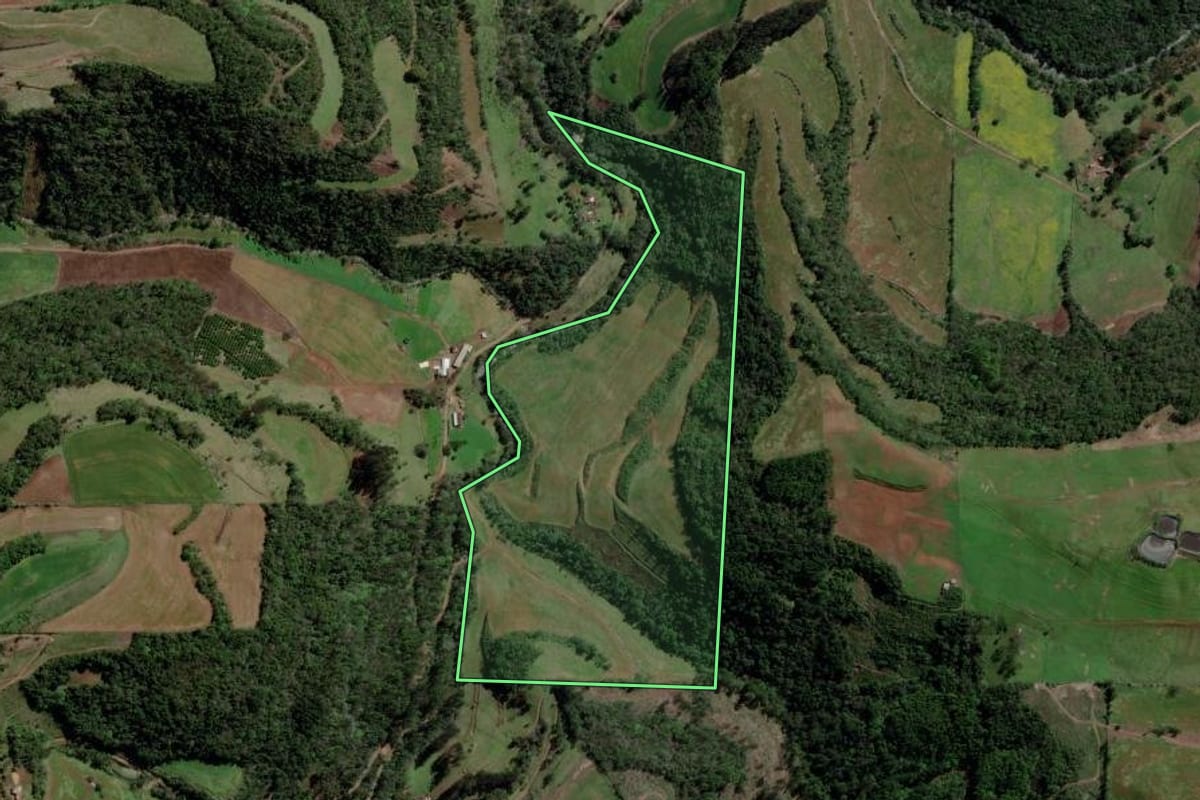 Imagem de satélite do imóvel rural em Barão de Cotegipe (RS), com o contorno declarado no CAR desenhado por cima.