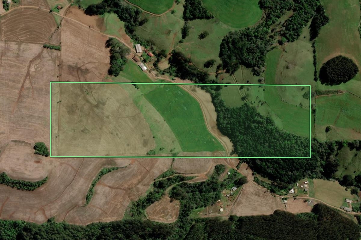 Imagem de satélite do imóvel rural em Barão de Cotegipe (RS), com o contorno declarado no CAR desenhado por cima.