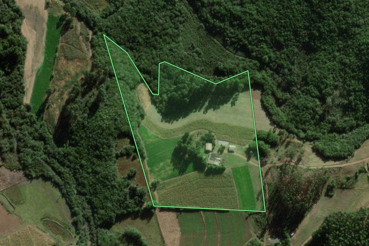 Imagem de satélite do imóvel rural em Barão do Triunfo (RS), com o contorno declarado no CAR desenhado por cima.