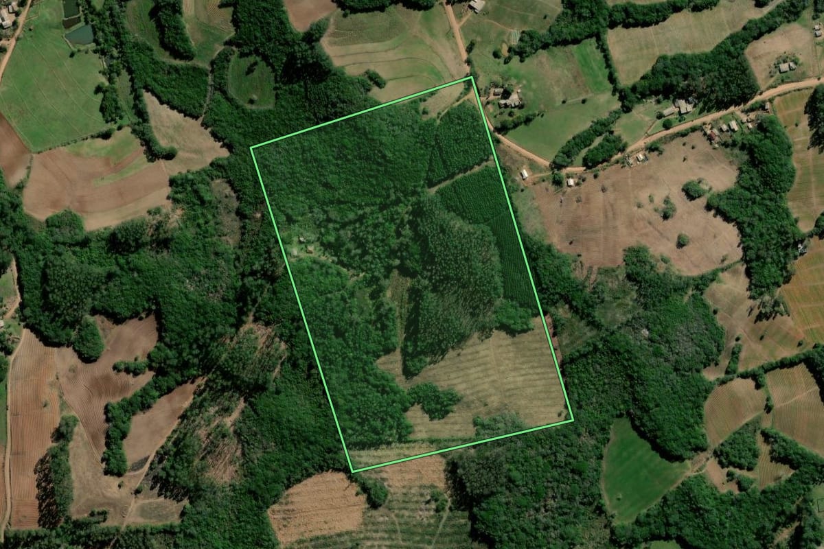 Imagem de satélite do imóvel rural em Barão do Triunfo (RS), com o contorno declarado no CAR desenhado por cima.