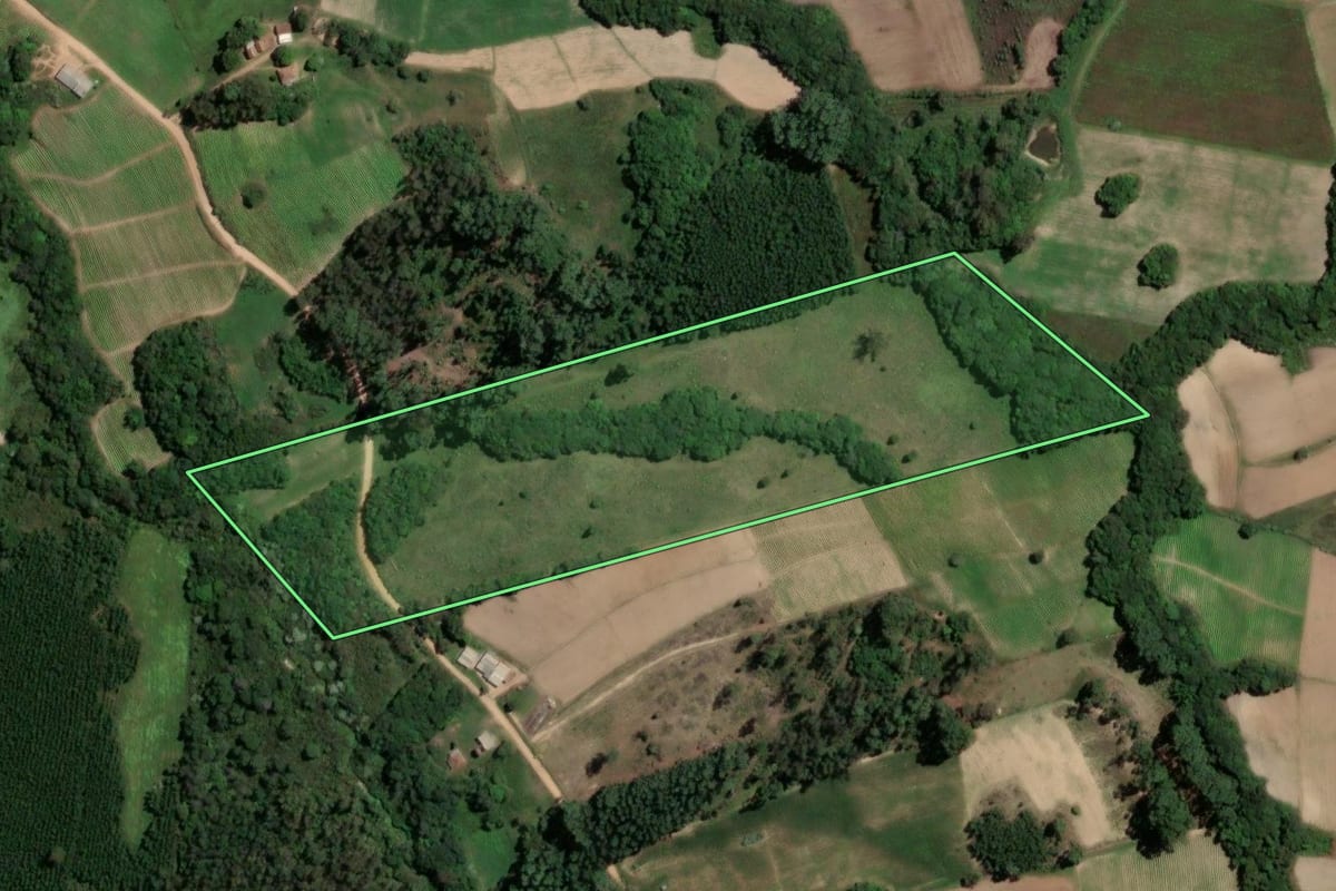 Imagem de satélite do imóvel rural em Barão do Triunfo (RS), com o contorno declarado no CAR desenhado por cima.