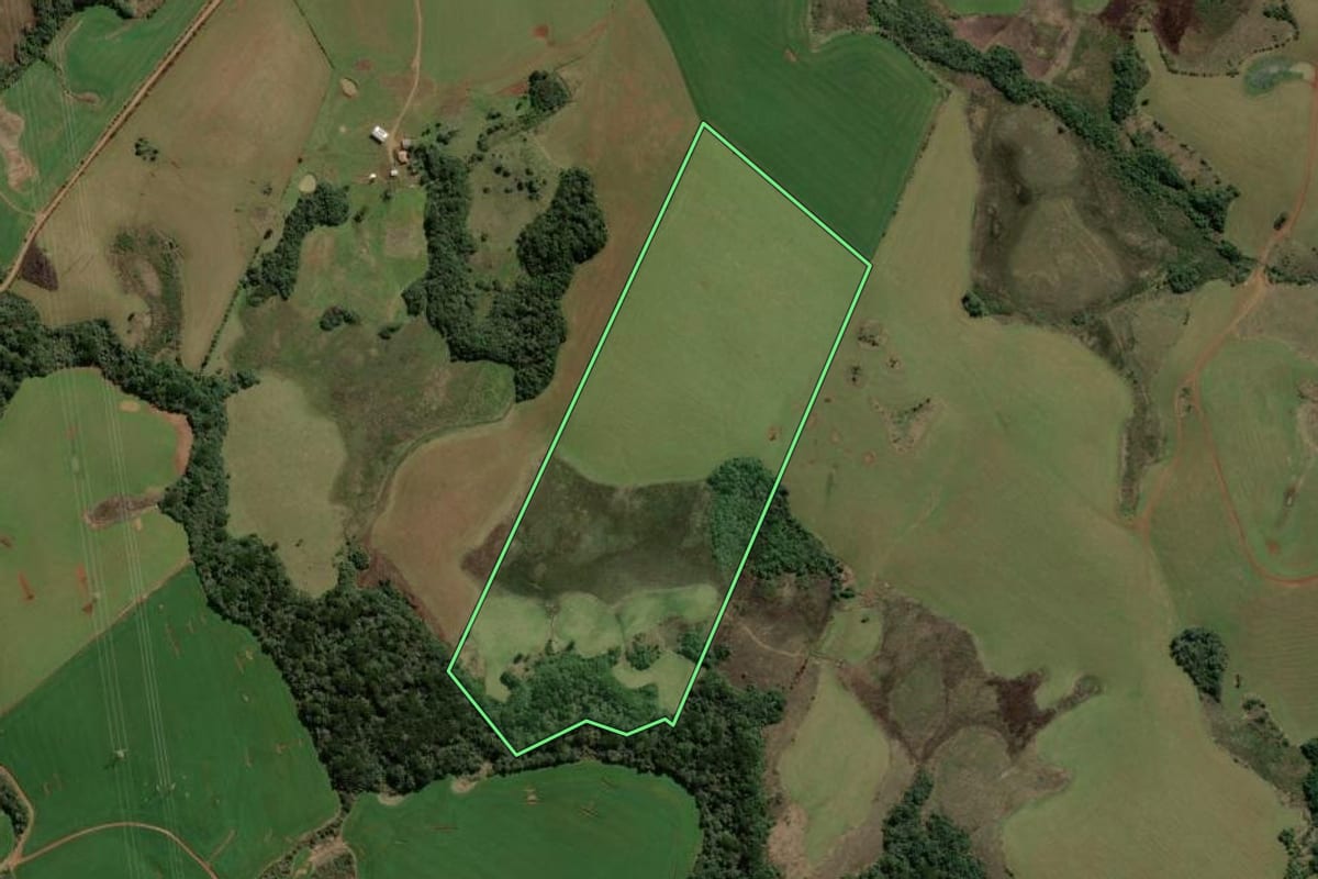 Imagem de satélite do imóvel rural em Barracão (RS), com o contorno declarado no CAR desenhado por cima.