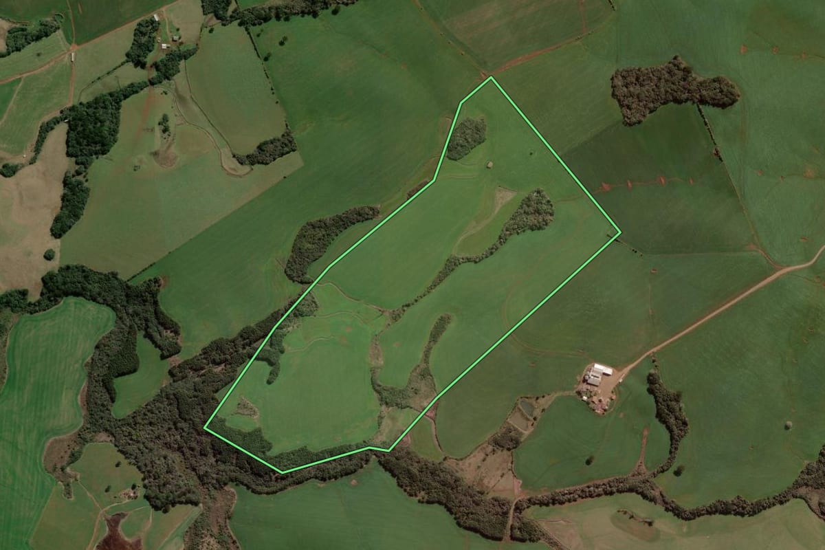 Imagem de satélite do imóvel rural em Barracão (RS), com o contorno declarado no CAR desenhado por cima.