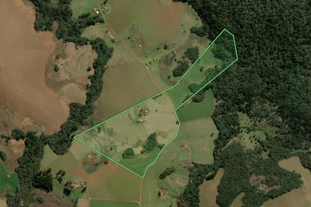 Imagem de satélite do imóvel rural em Barracão (RS), com o contorno declarado no CAR desenhado por cima.