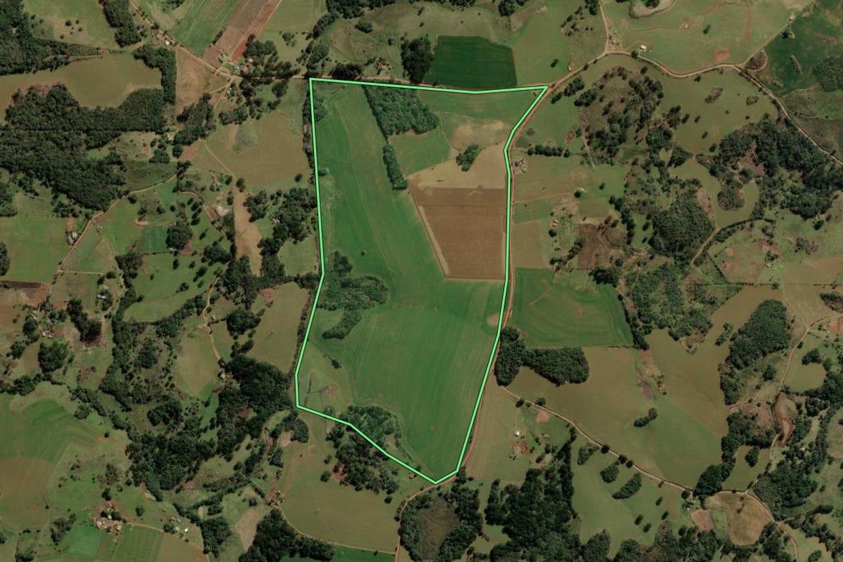 Imagem de satélite do imóvel rural em Barracão (RS), com o contorno declarado no CAR desenhado por cima.