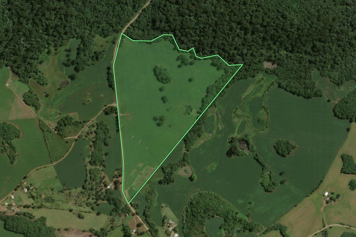 Imagem de satélite do imóvel rural em Barracão (RS), com o contorno declarado no CAR desenhado por cima.