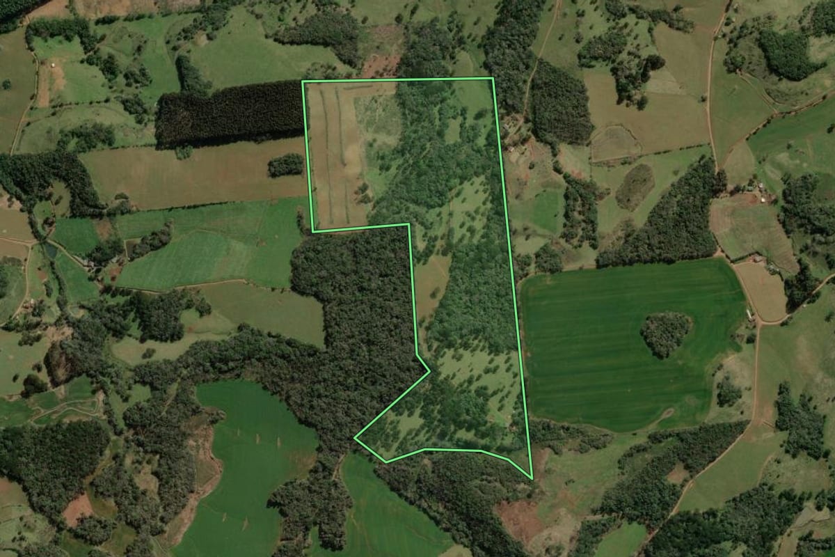 Imagem de satélite do imóvel rural em Barracão (RS), com o contorno declarado no CAR desenhado por cima.