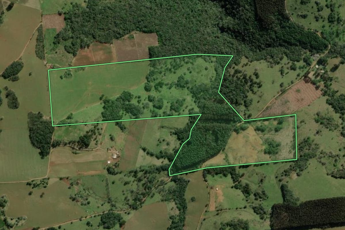 Imagem de satélite do imóvel rural em Barracão (RS), com o contorno declarado no CAR desenhado por cima.