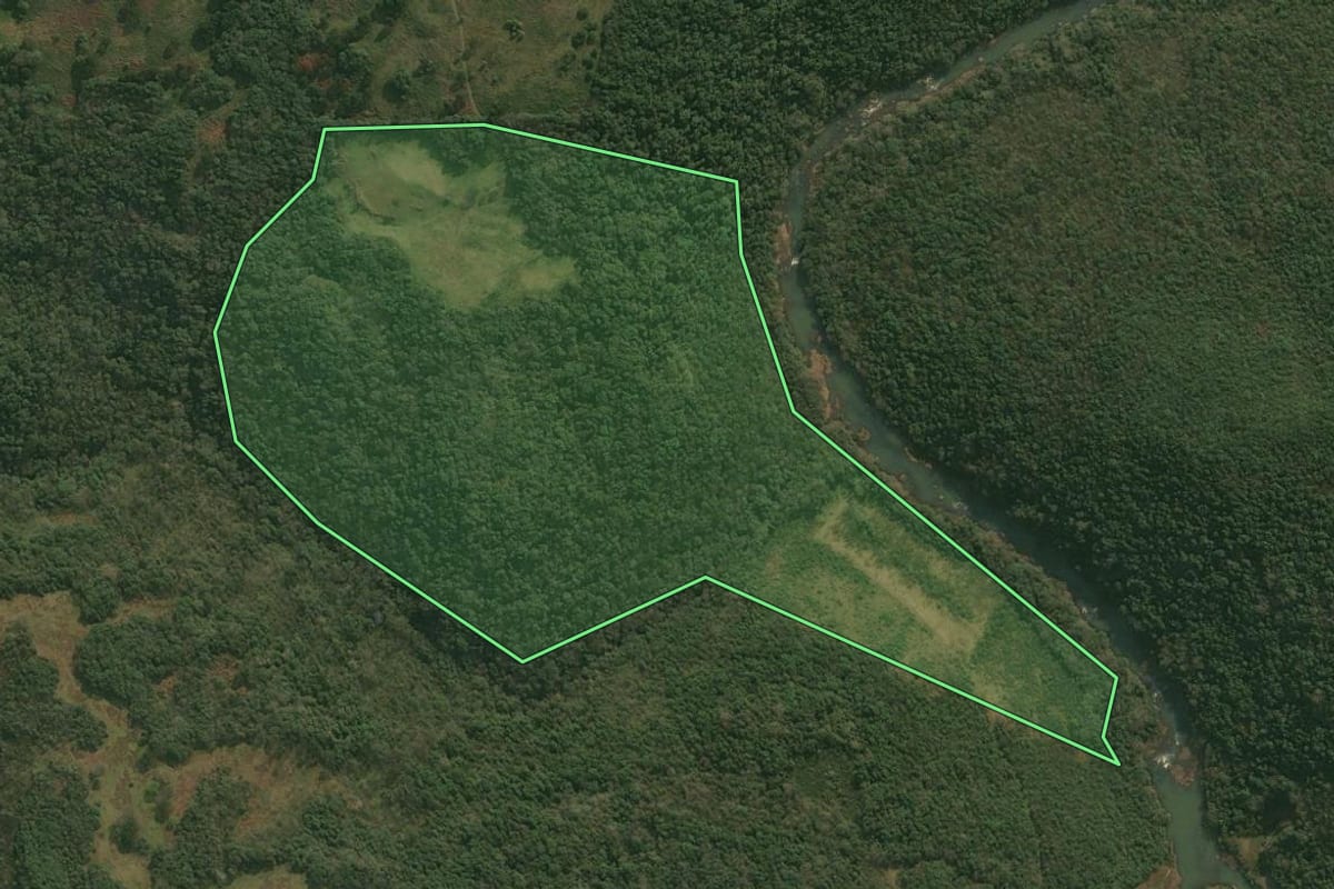 Imagem de satélite do imóvel rural em Barracão (RS), com o contorno declarado no CAR desenhado por cima.