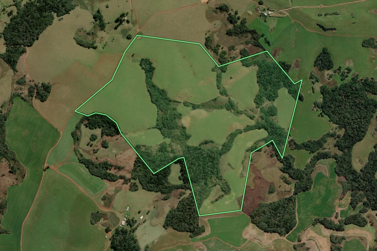 Imagem de satélite do imóvel rural em Barracão (RS), com o contorno declarado no CAR desenhado por cima.