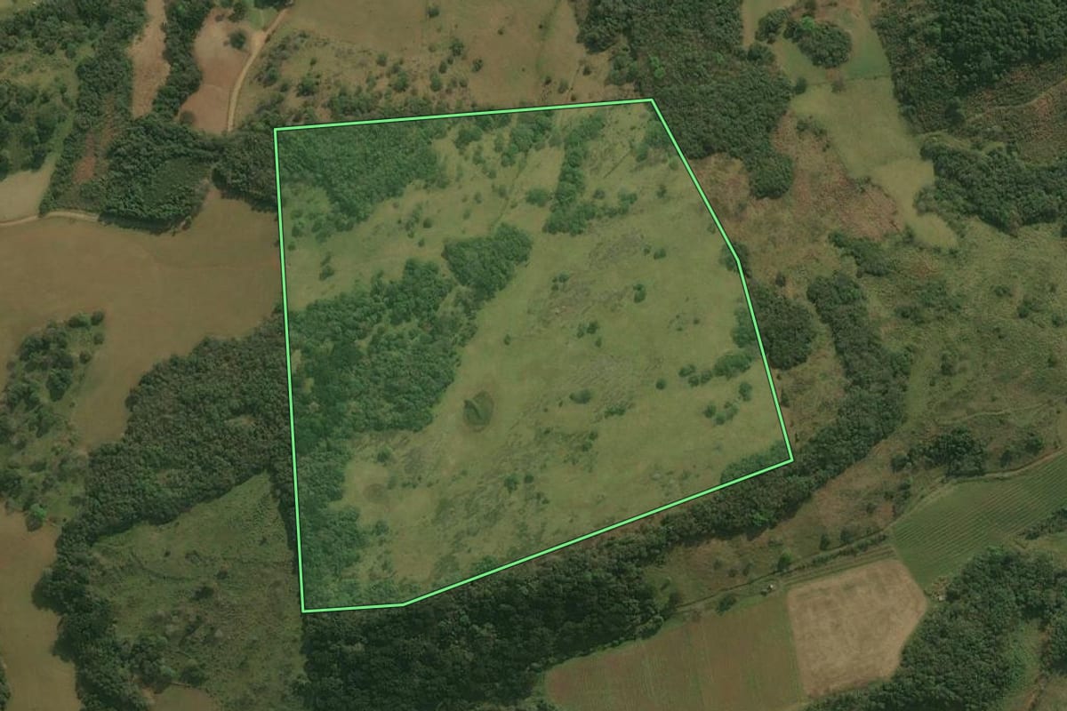Imagem de satélite do imóvel rural em Barracão (RS), com o contorno declarado no CAR desenhado por cima.