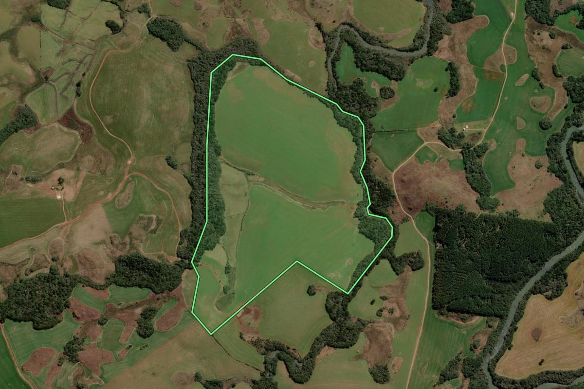 Imagem de satélite do imóvel rural em Barracão (RS), com o contorno declarado no CAR desenhado por cima.