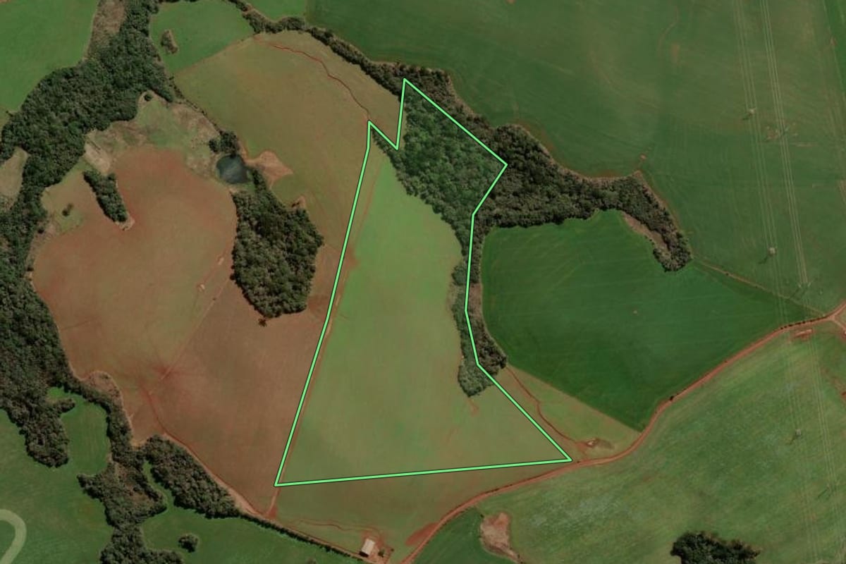 Imagem de satélite do imóvel rural em Barracão (RS), com o contorno declarado no CAR desenhado por cima.