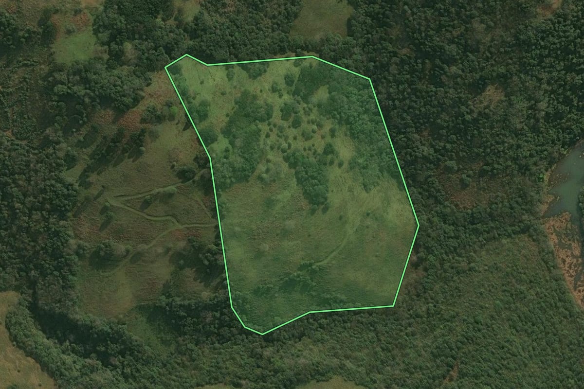 Imagem de satélite do imóvel rural em Barracão (RS), com o contorno declarado no CAR desenhado por cima.