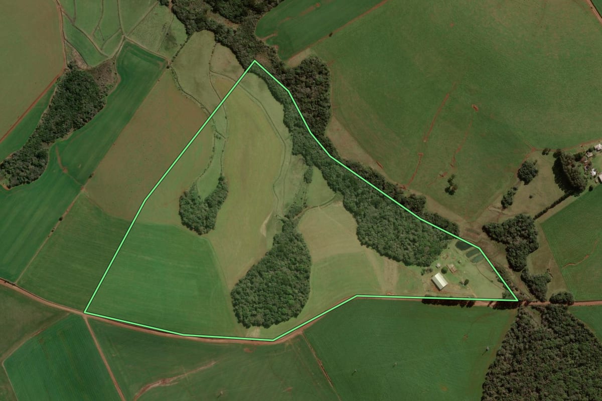 Imagem de satélite do imóvel rural em Barracão (RS), com o contorno declarado no CAR desenhado por cima.