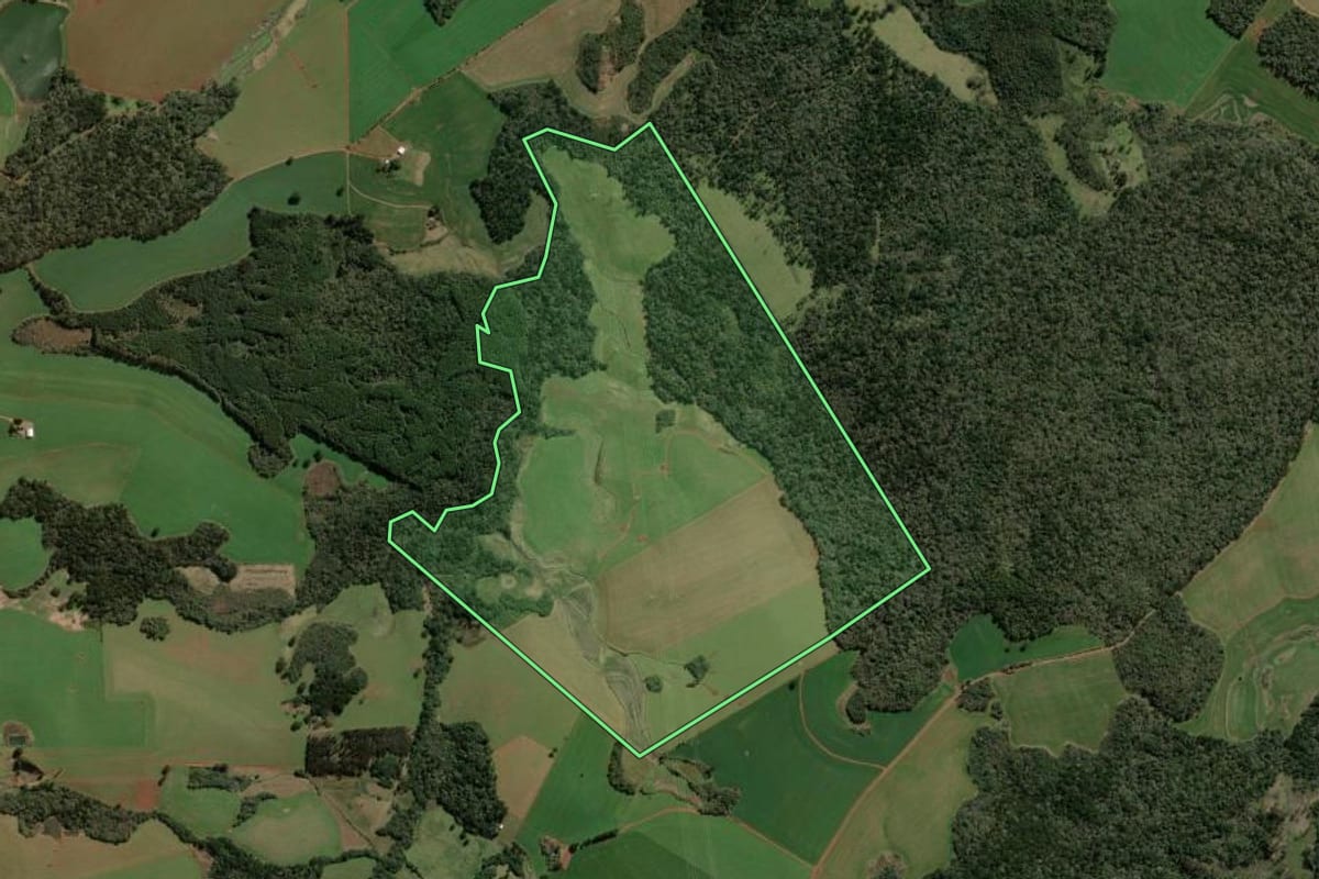 Imagem de satélite do imóvel rural em Barracão (RS), com o contorno declarado no CAR desenhado por cima.