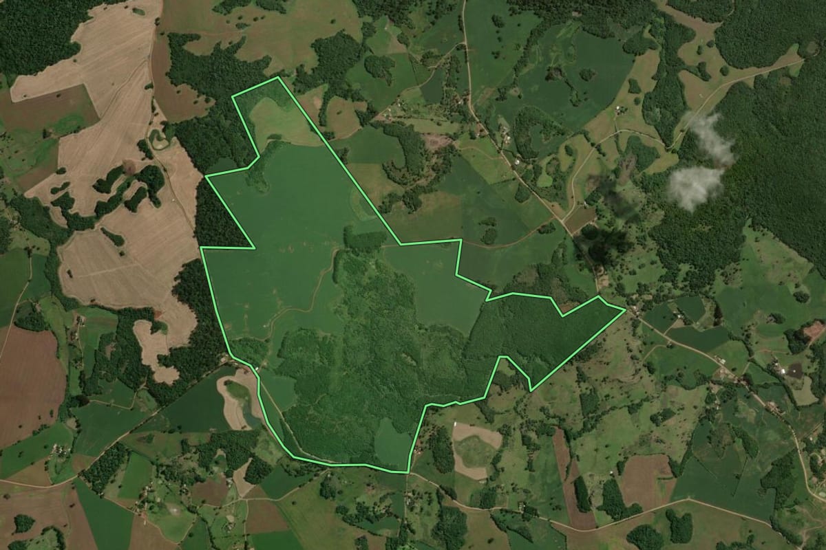 Imagem de satélite do imóvel rural em Barracão (RS), com o contorno declarado no CAR desenhado por cima.