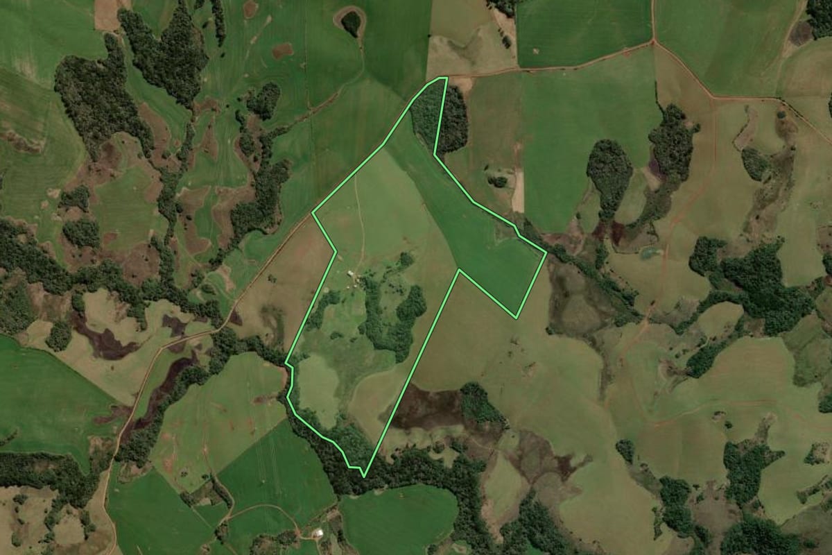 Imagem de satélite do imóvel rural em Barracão (RS), com o contorno declarado no CAR desenhado por cima.