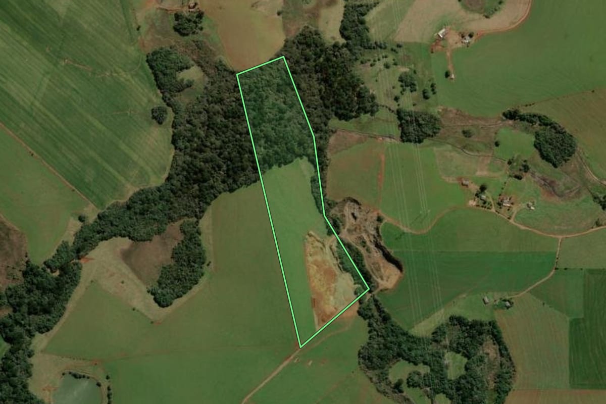 Imagem de satélite do imóvel rural em Barracão (RS), com o contorno declarado no CAR desenhado por cima.