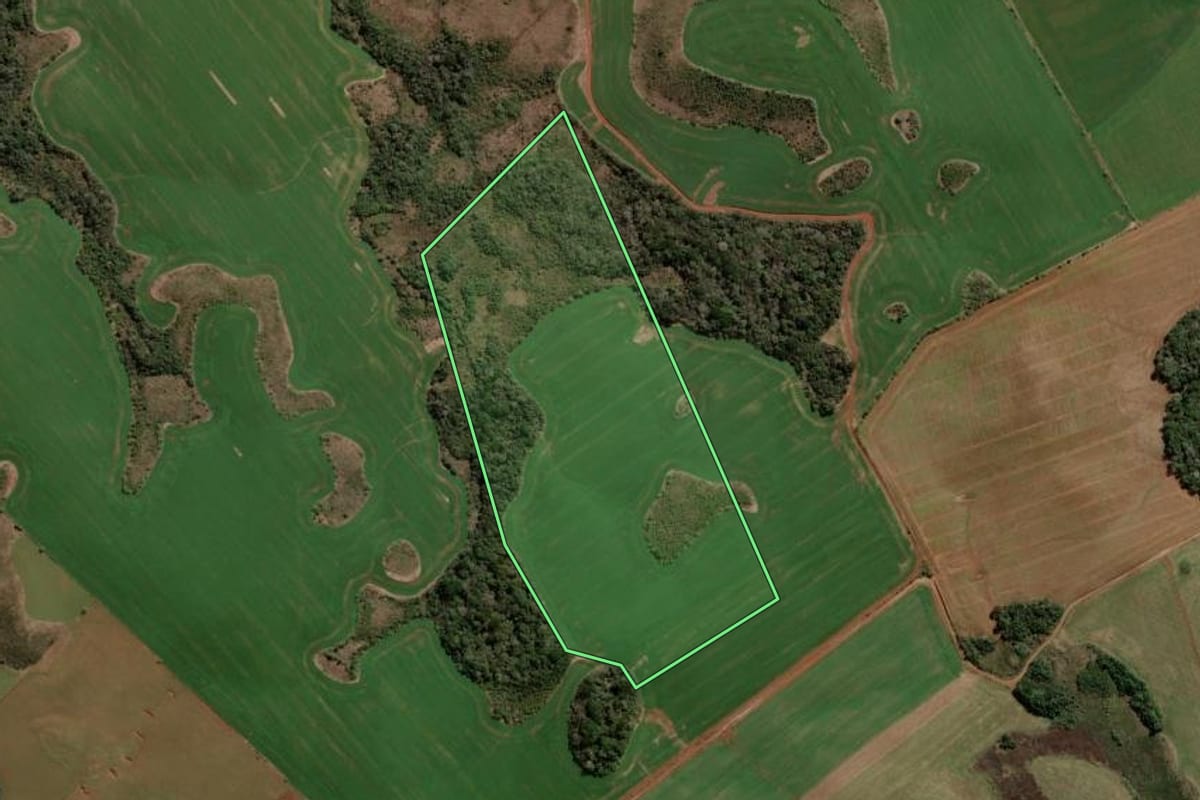 Imagem de satélite do imóvel rural em Barracão (RS), com o contorno declarado no CAR desenhado por cima.