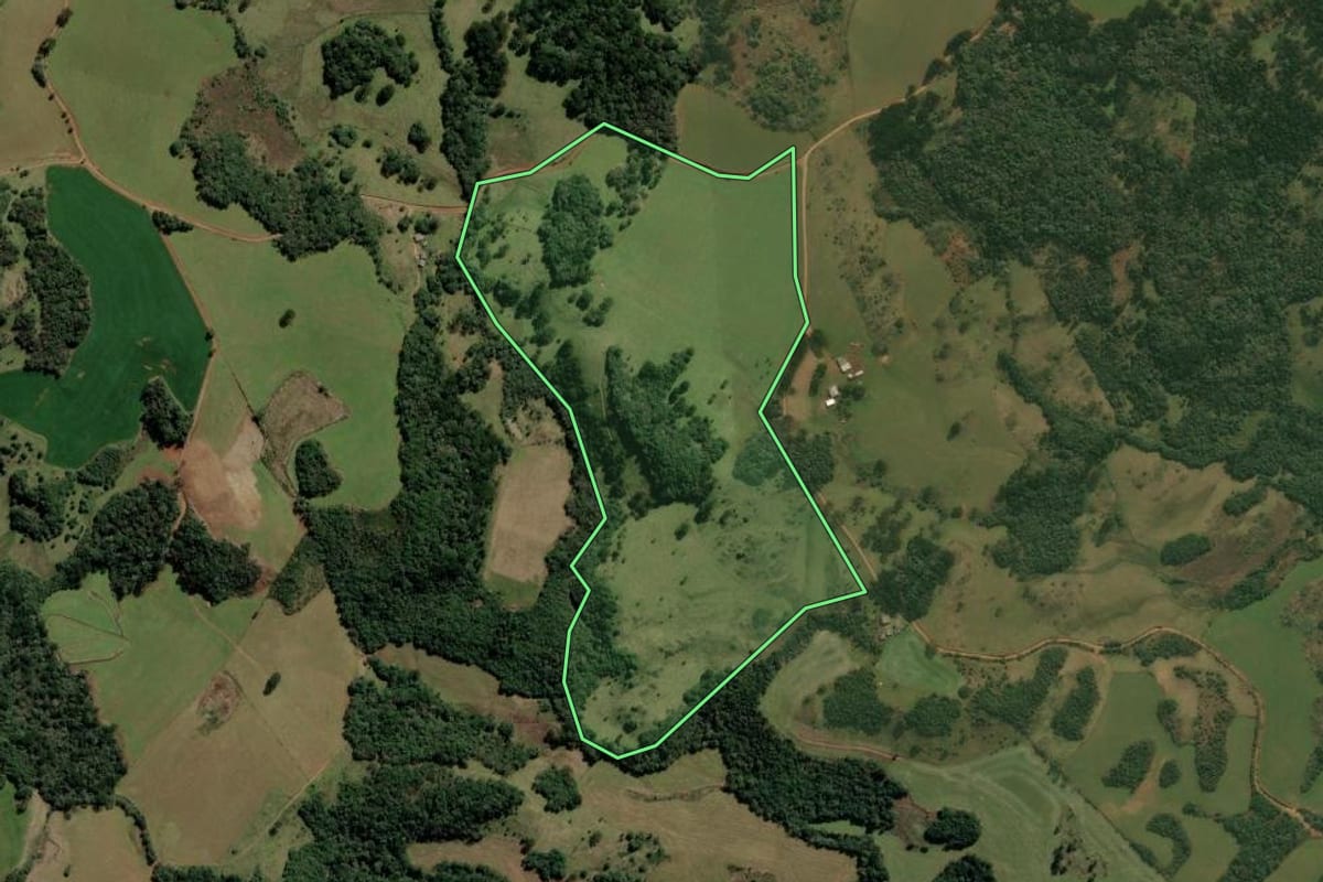 Imagem de satélite do imóvel rural em Barracão (RS), com o contorno declarado no CAR desenhado por cima.