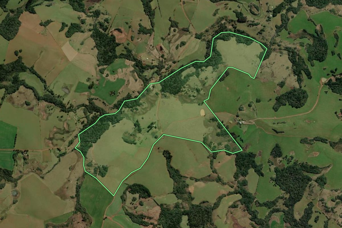 Imagem de satélite do imóvel rural em Barracão (RS), com o contorno declarado no CAR desenhado por cima.
