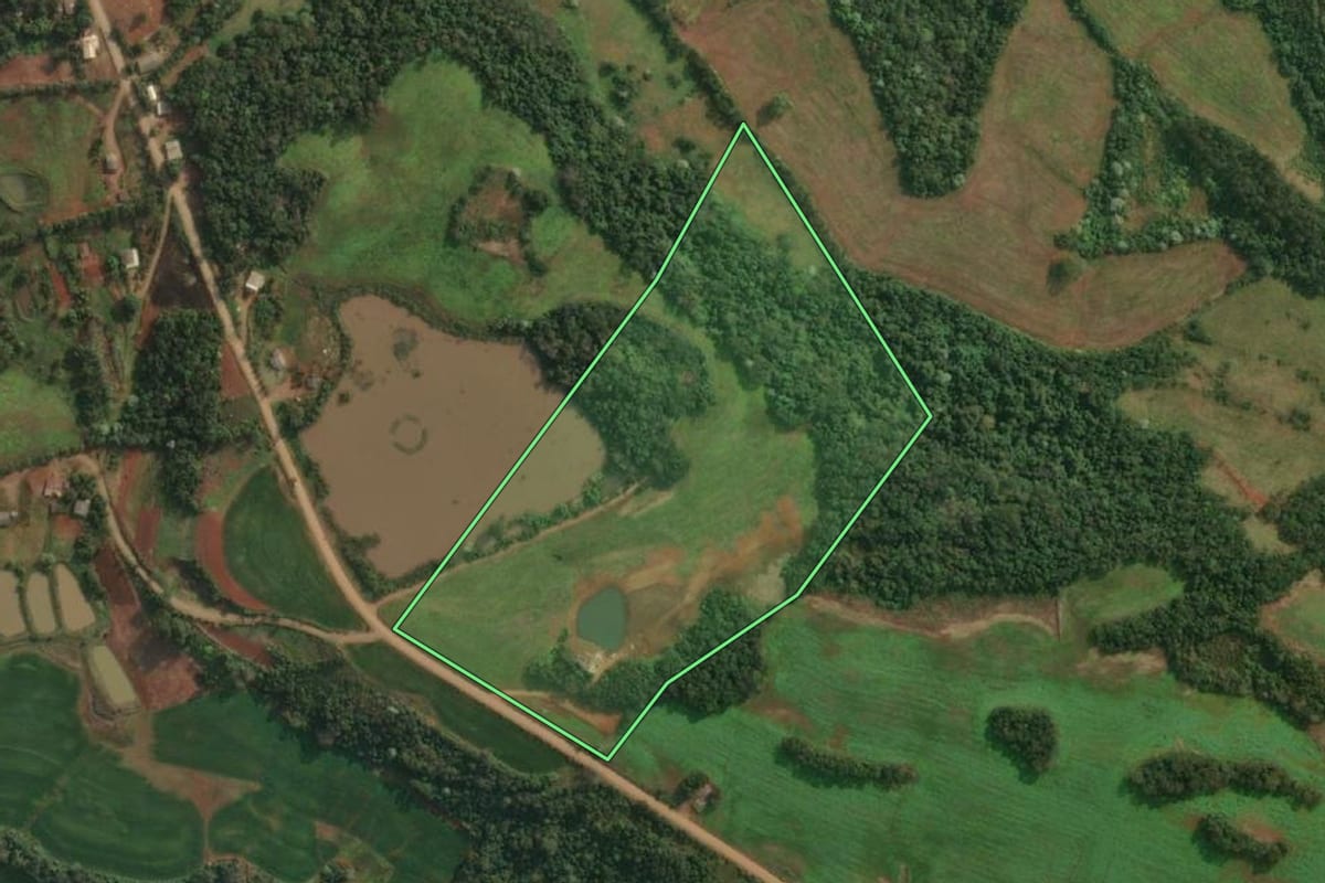 Imagem de satélite do imóvel rural em Barra do Guarita (RS), com o contorno declarado no CAR desenhado por cima.