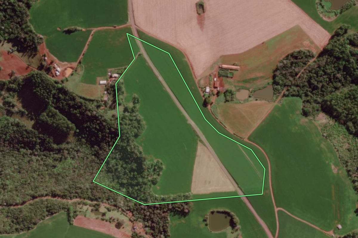 Imagem de satélite do imóvel rural em Barra do Guarita (RS), com o contorno declarado no CAR desenhado por cima.