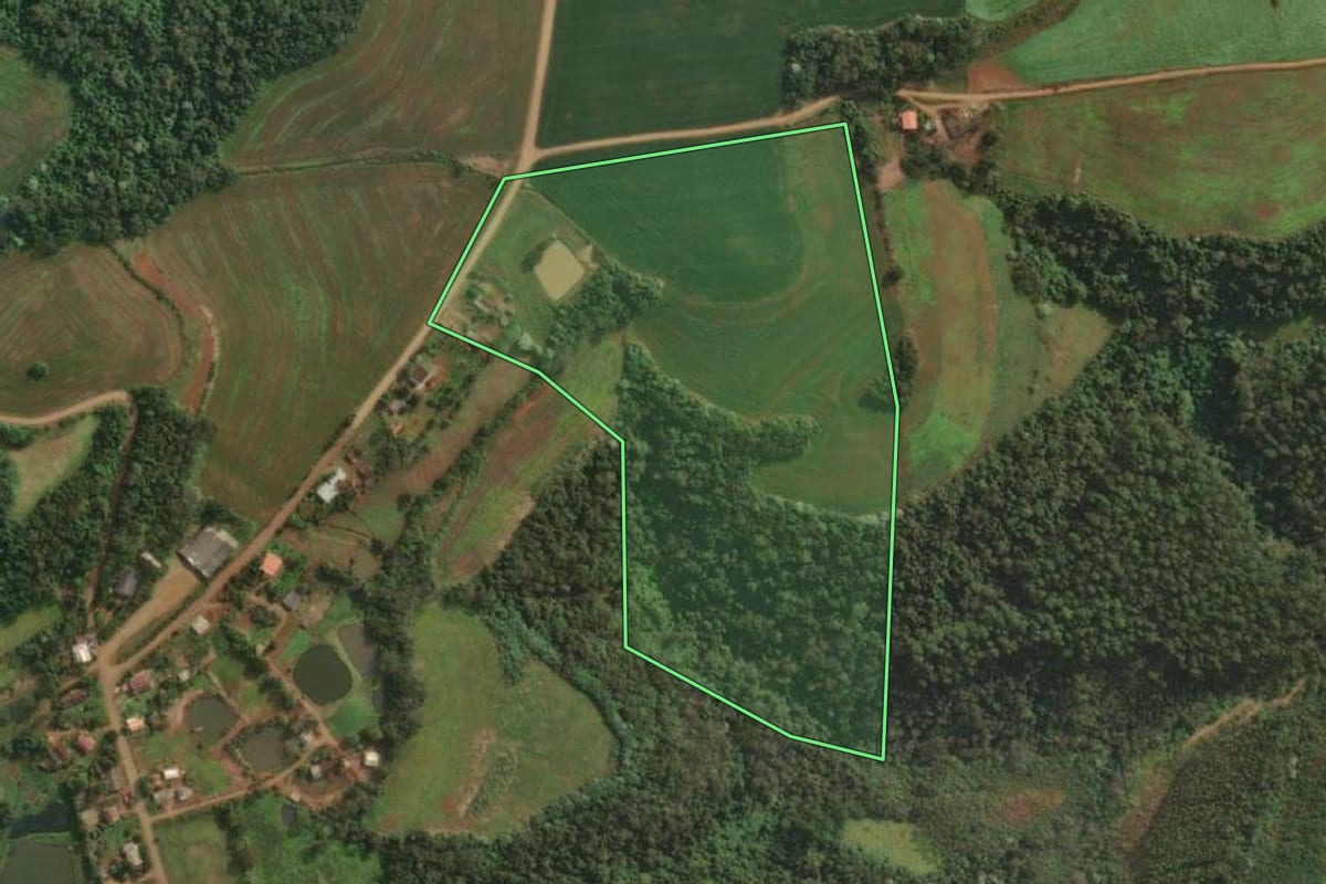 Imagem de satélite do imóvel rural em Barra do Guarita (RS), com o contorno declarado no CAR desenhado por cima.