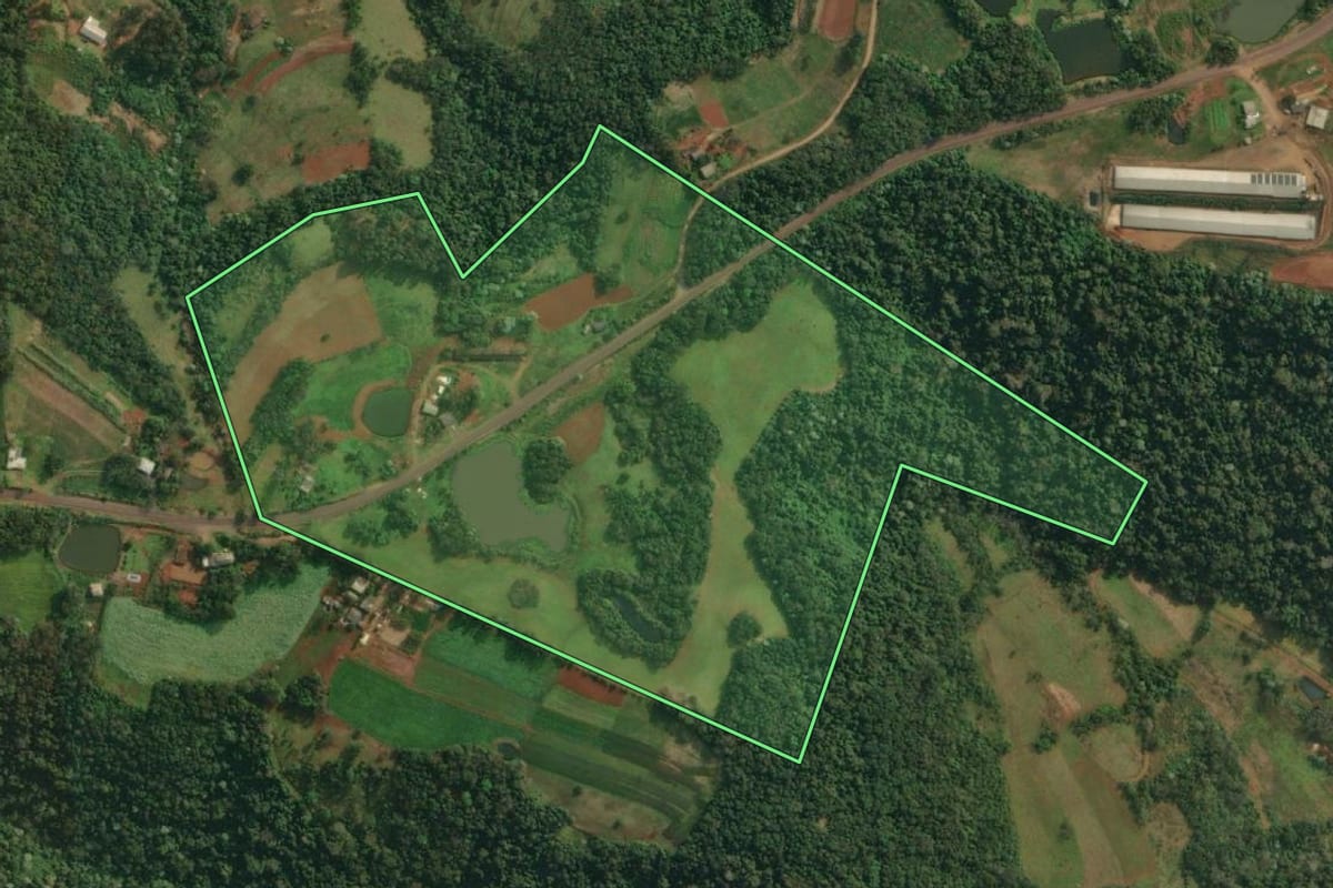 Imagem de satélite do imóvel rural em Barra do Guarita (RS), com o contorno declarado no CAR desenhado por cima.