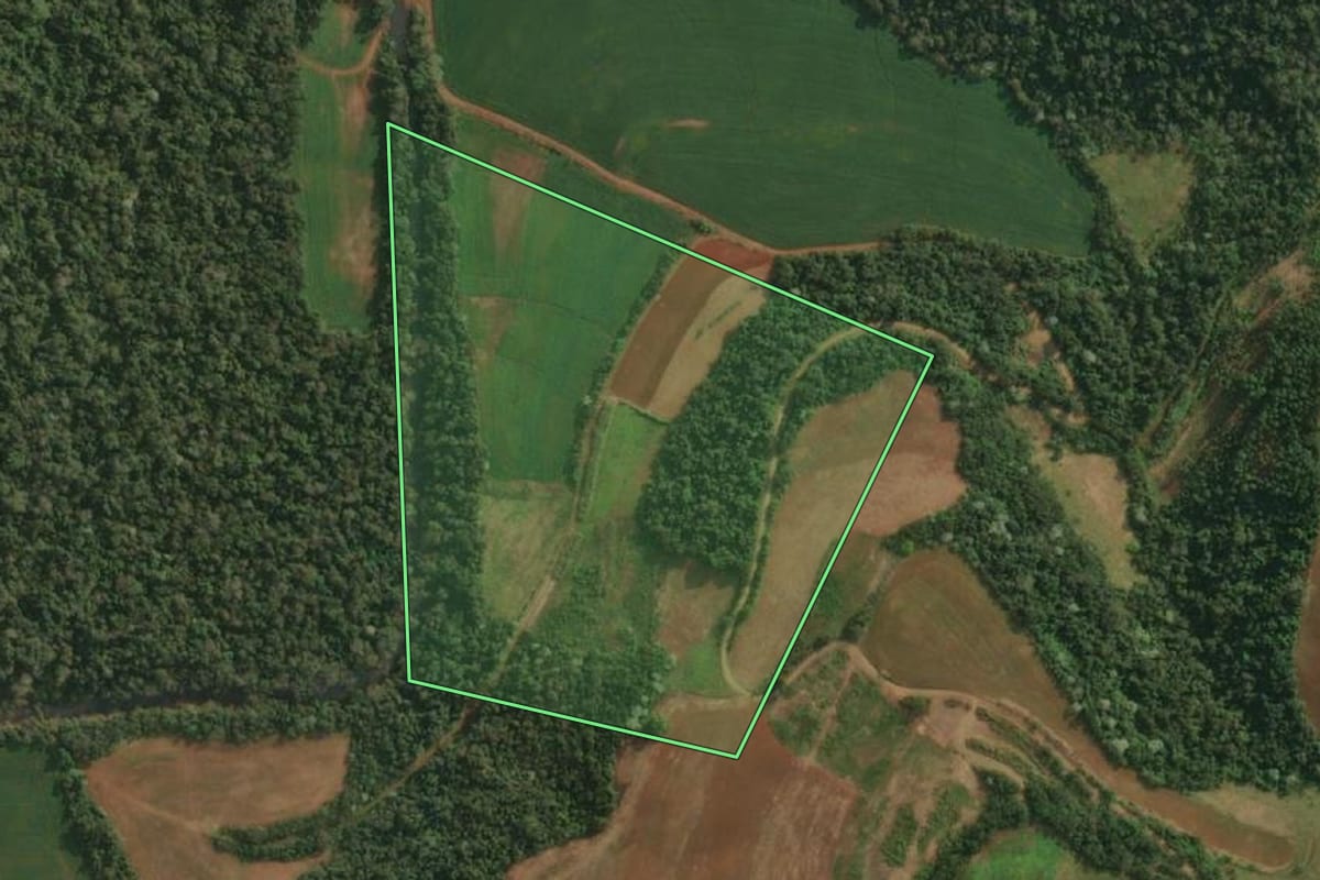 Imagem de satélite do imóvel rural em Barra do Guarita (RS), com o contorno declarado no CAR desenhado por cima.