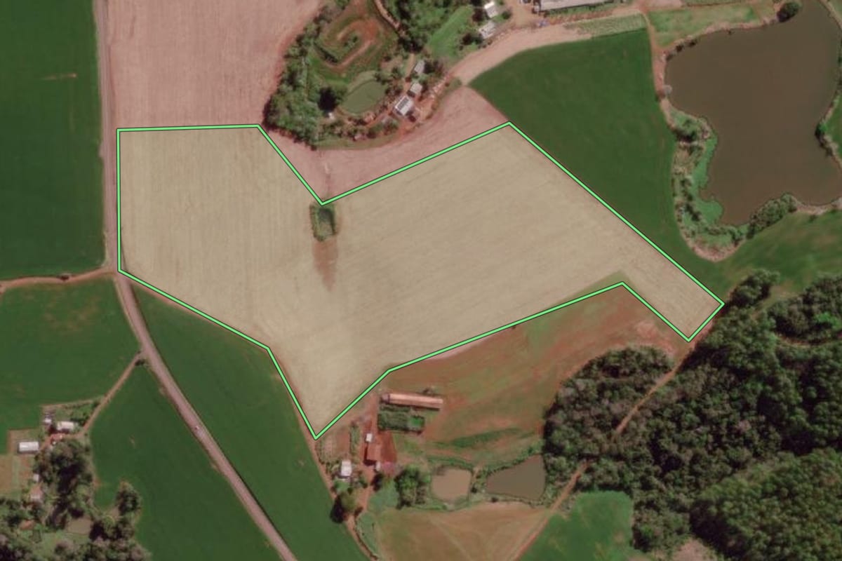 Imagem de satélite do imóvel rural em Barra do Guarita (RS), com o contorno declarado no CAR desenhado por cima.