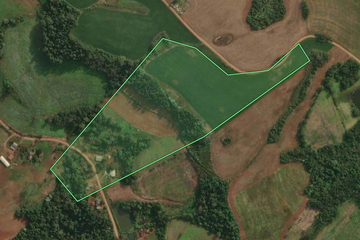 Imagem de satélite do imóvel rural em Barra do Guarita (RS), com o contorno declarado no CAR desenhado por cima.