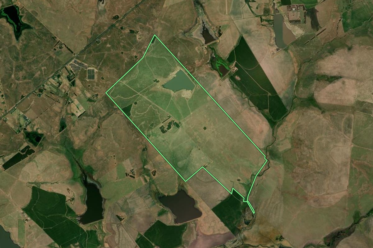 Imagem de satélite do imóvel rural em Barra do Quaraí (RS), com o contorno declarado no CAR desenhado por cima.