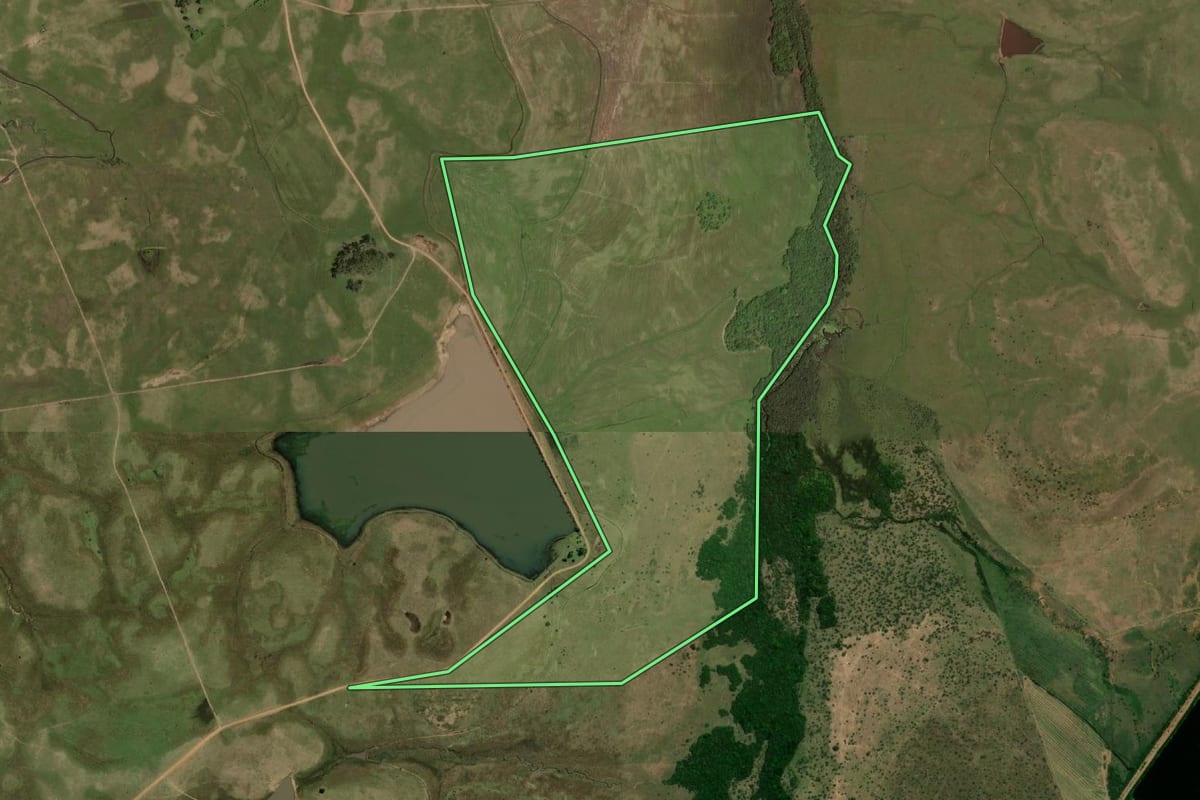 Imagem de satélite do imóvel rural em Barra do Quaraí (RS), com o contorno declarado no CAR desenhado por cima.