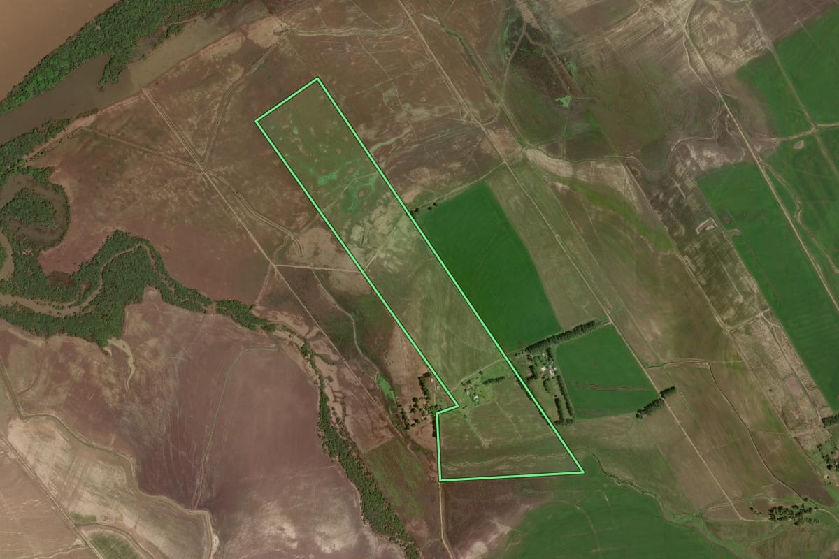 Imagem de satélite do imóvel rural em Barra do Quaraí (RS), com o contorno declarado no CAR desenhado por cima.