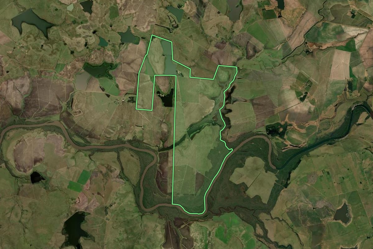 Imagem de satélite do imóvel rural em Barra do Quaraí (RS), com o contorno declarado no CAR desenhado por cima.